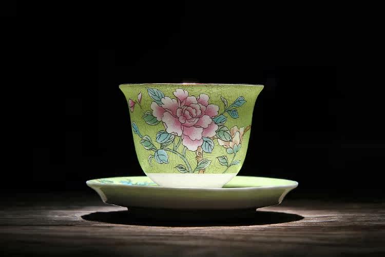 手工扒花茶杯大号杯子釉上彩工夫茶杯配杯碟杯托散装茶具