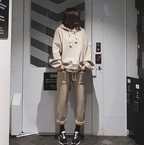 Spot South Korea Dongdaemun Women's Spring and Autumn Cotton Loose Casual Hooded Wear Slightly Collapsed Pants Sports College Suit