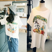 Spot South Korea Dongdaemun Spring and Summer Women's Cotton Rocket Rabbit Large Size Long T-shirt Cartoon Printed Backing Shirt