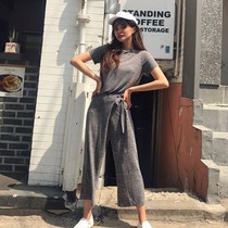 Spot South Korea Dongdaemun Women's Spring and Summer Leisure Stretch Slim T-shirt Wide Leg Pants Sports Skinny Suit Age Reduction