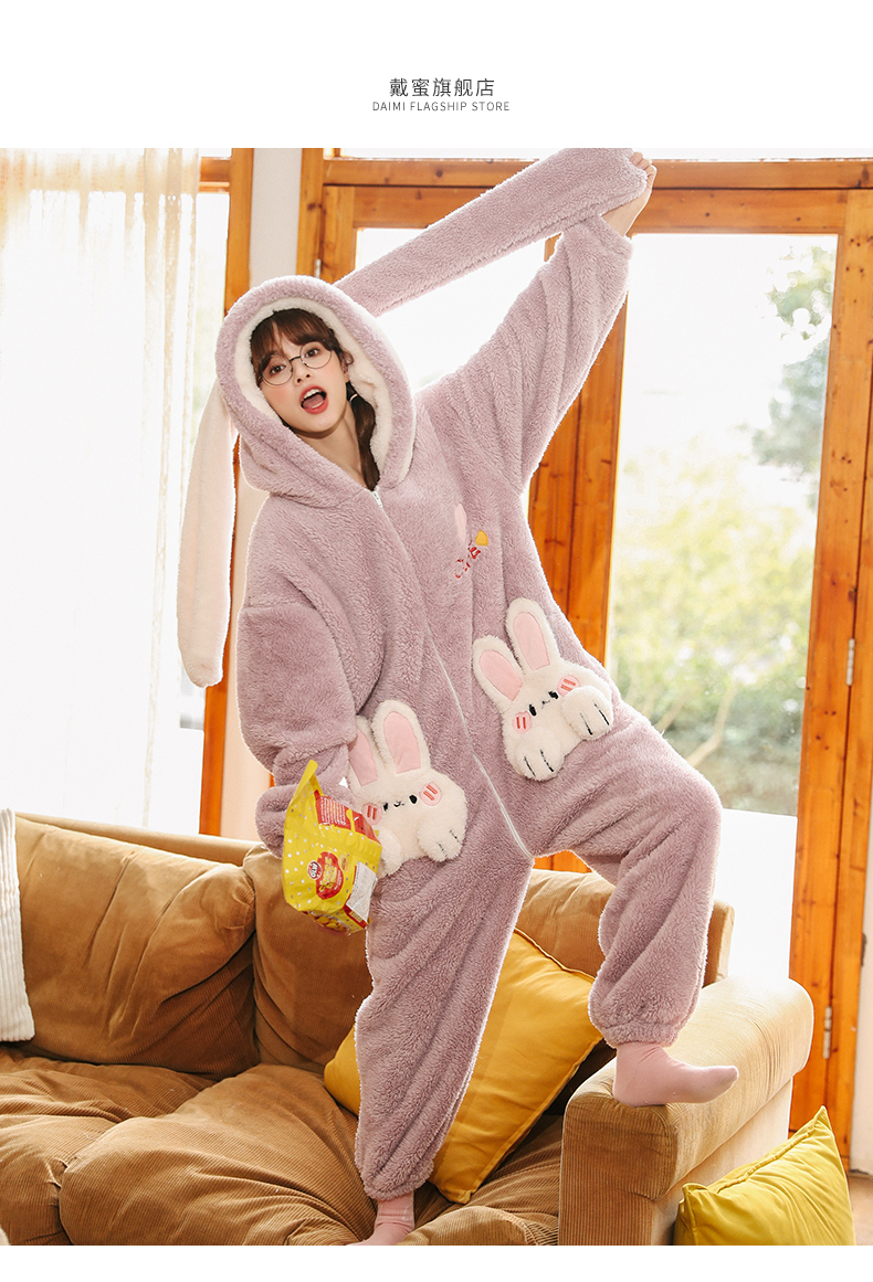 恋名媛珊瑚绒连体兔睡衣女秋冬季加厚加绒甜美可爱学生冬款法兰绒家居