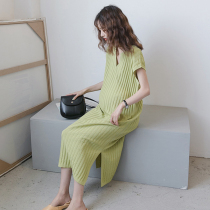 Gestational Woman Dress Summer Dress 2022 New Long Cash Over Knee Long Skirt Summer Ice Silk T-Shirt Knit Summer V Collar Dress