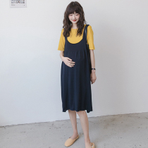 Pregnant woman summer dress in long style dress Korean version loose summer T-shirt dress Two sets of ice silk braces dress dress