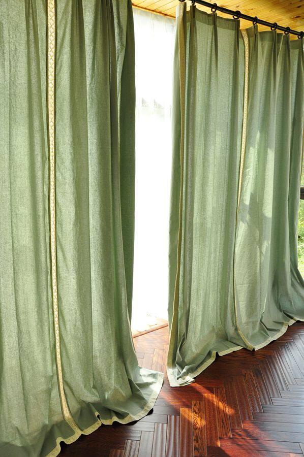 飘窗成品美式客厅卧室窗帘 现代浅绿半遮光 美式乡村棉麻拼接窗帘