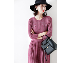 A glimpse of the fall of exquisite elegance glitter shiny silk rose buckle medium-long pleated knitted dress Autumn new