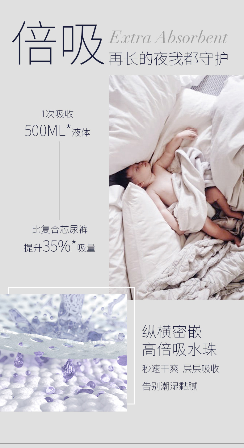 吸E'xtra absorbent再长的夜我都守护1次吸收500ML*液体比复合芯尿裤提升35%吸量纵横密嵌高倍吸水珠秒速干爽层层吸收告别潮湿黏腻-推好价 | 品质生活 精选好价