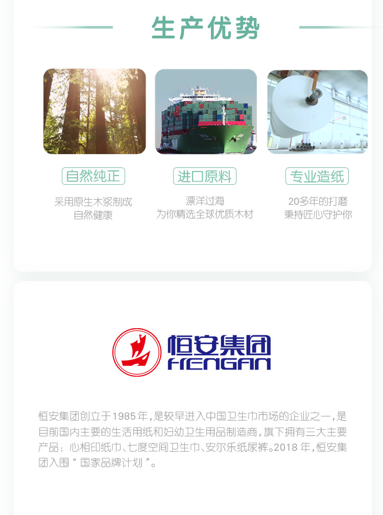 生产优势自然纯正进口原料专业造纸采用原生木浆制成漂洋过海20多年的打蘑自然健康为你精选全球优质木材秉持匠心守护你混团恒安集团创立于1985年,是较早进入中国卫生巾市场的企业之一,是目前国内主要的生活用纸和妇幼卫生用品制造商,旗下拥有三大主要品:心相印纸巾、七度空间卫生巾、安尔乐纸尿裤。2018年,恒安集团入围“国家品牌计戈”-推好价 | 品质生活 精选好价