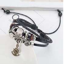 Bracelet Mens fashion bracelet European and American hipster skull rudder pendant bracelet Student mens and womens leather bracelet jewelry
