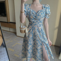 Square neck floral dress female summer 2021 new French waist thin temperament sexy bubble sleeve long skirt