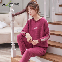 Pajamas womens autumn and winter pure cotton long sleeves air cotton sandwich warm plus size can go out set spring and autumn home clothes