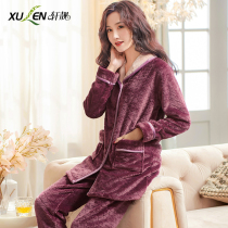 Middle-aged and elderly pajamas women autumn winter coral velvet thickened warm medium long winter flannel home wear set