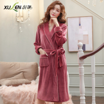 Coral velvet nightgown women spring and autumn sexy long bathrobe autumn and winter thin warm island velvet pajamas bride morning robe