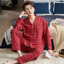 Red New Year pajamas mens autumn cotton long-sleeved spring and autumn style oversized cardigan plaid cotton mens loungewear set