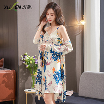Ice silk nightdress womens spring and autumn thin long sleeves small sexy suspender pajama skirt hot lace nightdress two-piece set