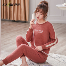 Pajamas womens autumn and winter pure cotton air cotton sandwich warm plus size can go out set spring and autumn cotton housewear