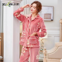 Island velvet pajamas women autumn and winter warm middle-aged mother large size thin coral velvet spring and autumn long sleeves thickened housewear