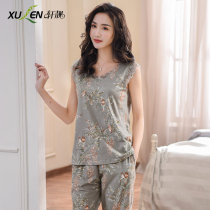 Tank top sleeveless pajamas women summer thin cotton middle-aged mom loose plus size cotton summer homewear set