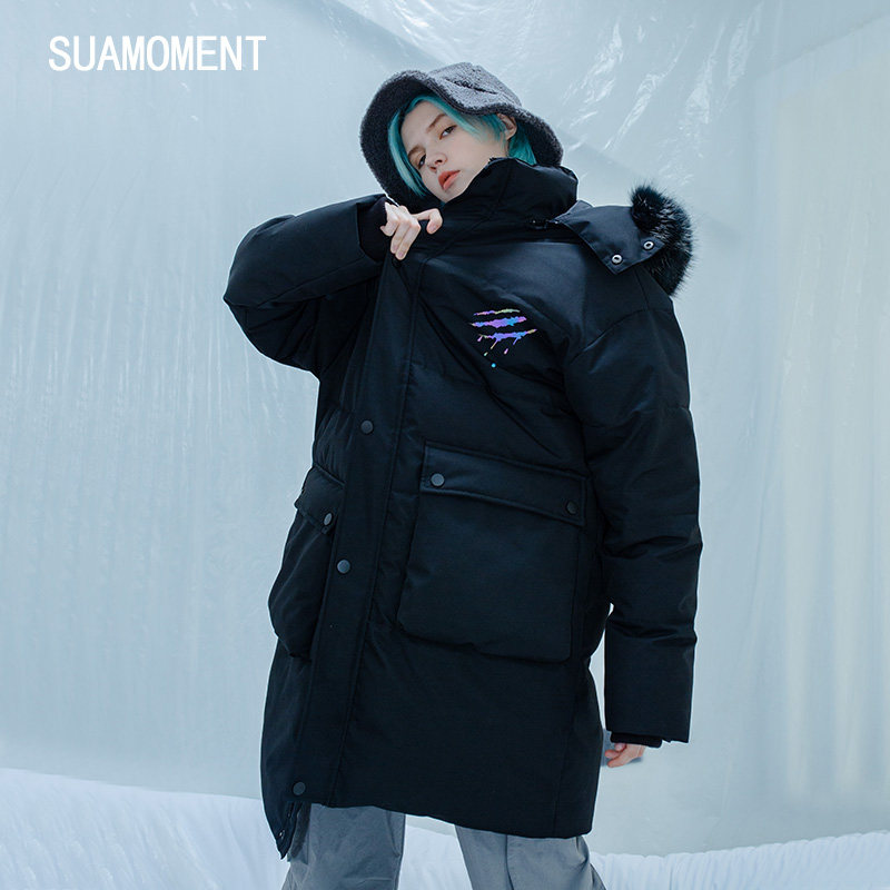 suamoment一代抓痕彩色反光棉服男中长款棉袄真毛领