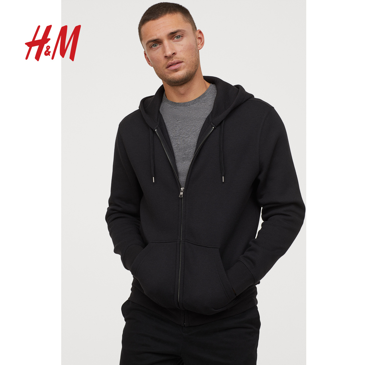 hm男装时尚卫衣潮流2020春夏新款宽松黑色连帽外套男0669091
