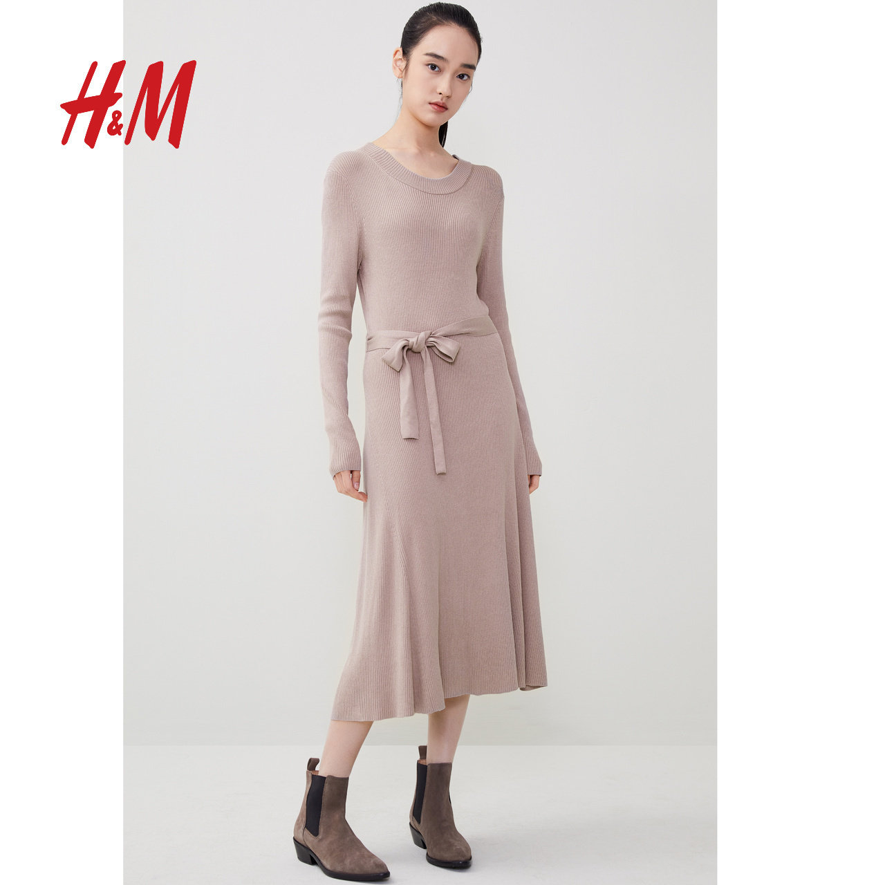 hm 女装裙子女系带气质收腰显瘦2020秋冬新款针织连衣裙 0903894