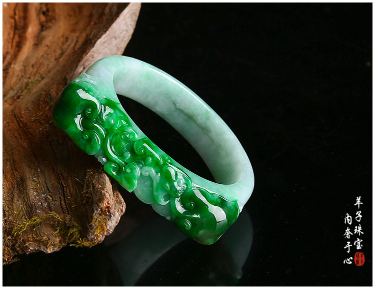 羊子珠宝 惊艳美貌辣色浓阳绿如意镯翡翠手镯 54.5