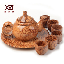 Xinyi rattan coconut wood teapot Coconut wood handicraft ornaments Wooden teapot teacup Solid wood tea set Wooden pot eight pieces