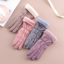 Gloves womens winter five-finger warm cold and windproof Korean version embroidery velvet thickening riding riding split finger touch screen