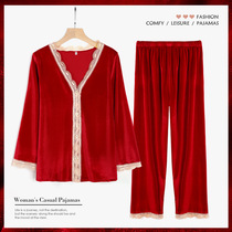 Red pajamas female spring and autumn golden velvet lace V-collar high-end home clothing long sleeve two-piece set autumn and winter