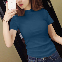Semi-high-collar short-sleeved T-shirt girl 2022 new early spring bushioned body Korean version blue  ⁇  pure cotton top tide