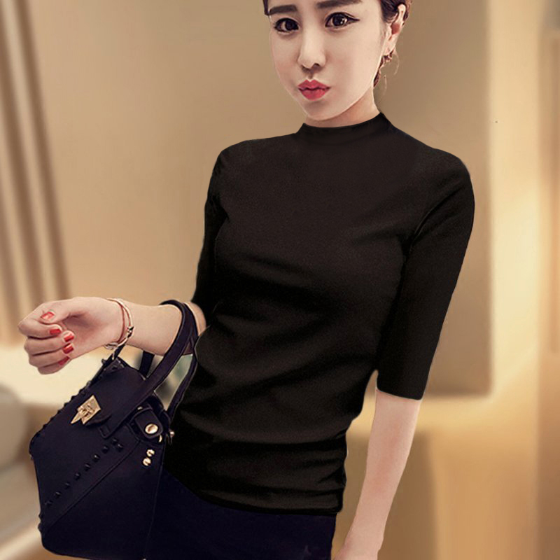 images 4:Black short-sleeved t-shirt female pure semi-high collar tight summer suit pure cotton top stand-backed T-shirt 2019 images 4:Black short-sleeved t-shirt female pure semi-high collar tight summer suit pure cotton top stand-backed T-shirt 2019