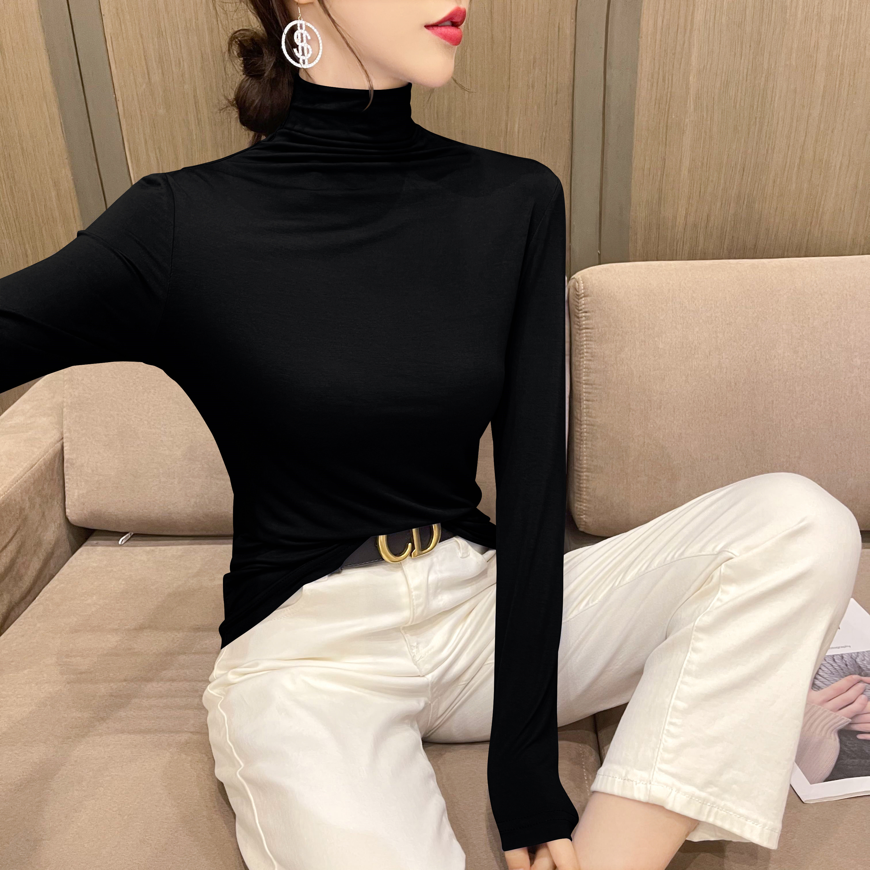 images 2:Pure cotton-collar undershirt female internal collector with black long-sleeved t-shirt female outfit in autumn and winter tightly fitted thin tops images 2:Pure cotton-collar undershirt female internal collector with black long-sleeved t-shirt female outfit in autumn and winter tightly fitted thin tops