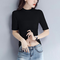 Pure cotton black medium-sleeved t-shirt girl thinner body with half-sleeved half-collar bowl top girl in five-point sleeves