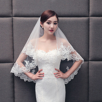 Bride wedding veil Korean short double-layer hair comb new simple photo tour grid champagne red and white women