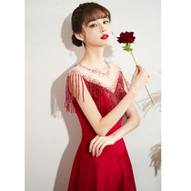 Toast Bride 2021 New Red Shoulder Tassel Evening Dress Female Atmosphere Wedding Clothes Back to Door Dress Autumn