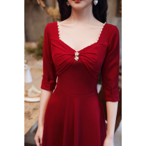 Satin toast Bride 2021 New Autumn and Winter Wine Red Wedding Engagement Evening Dress Women