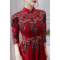 Cheongsam toast bride 2021 new summer wine red little man wedding engagement back door dress female high end