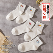 Socks womens stockings spring and autumn stockings womens autumn and winter cotton socks Autumn white stockings cartoon embroidery womens socks