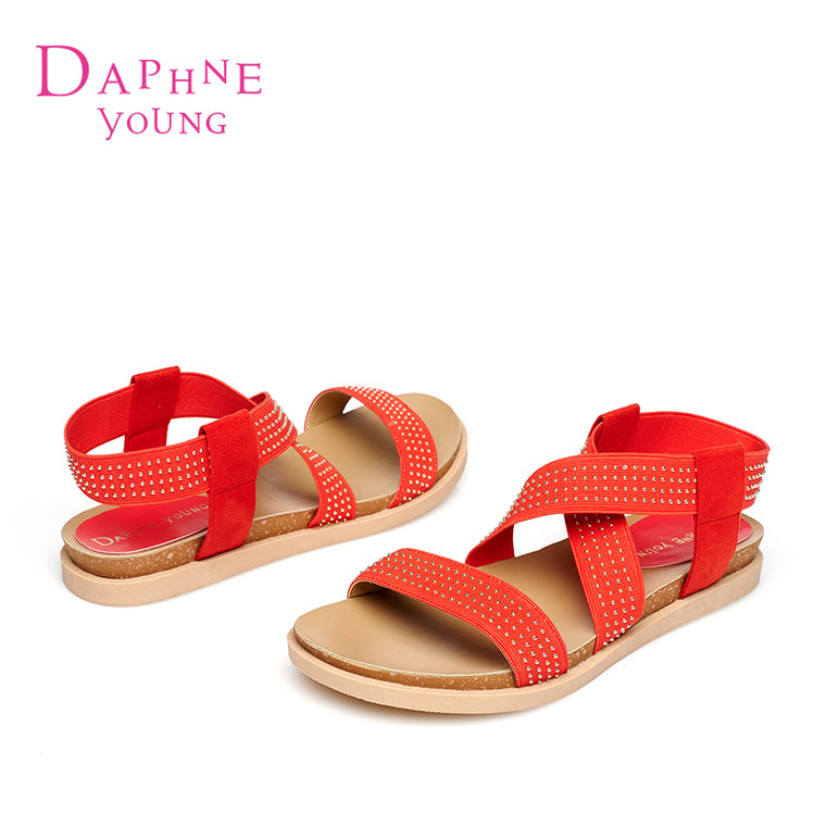 Daphne/达芙妮2015夏款女凉鞋 时尚低跟布面铆钉交叉绑带露趾凉鞋