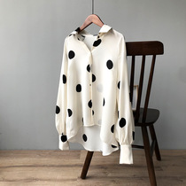 Nine buckle large size womens clothing early spring new French retro wave point chiffon shirt fat mm loose Korean fan shirt 101