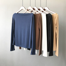 Nine buckle large size womens clothing autumn and winter copper ammonia silk long-sleeved base T-shirt fat mm word collar off-the-shoulder top base shirt 321