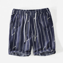 Summer Joker casual striped linen shorts mens loose Japanese ruffians handsome tide flow Middle pants cotton linen five-point pants