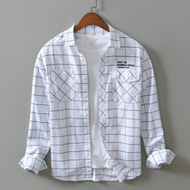 Spring fresh embroidered white plaid shirt male long sleeve full cotton inch shirt casual trend with pure cotton lining clothes