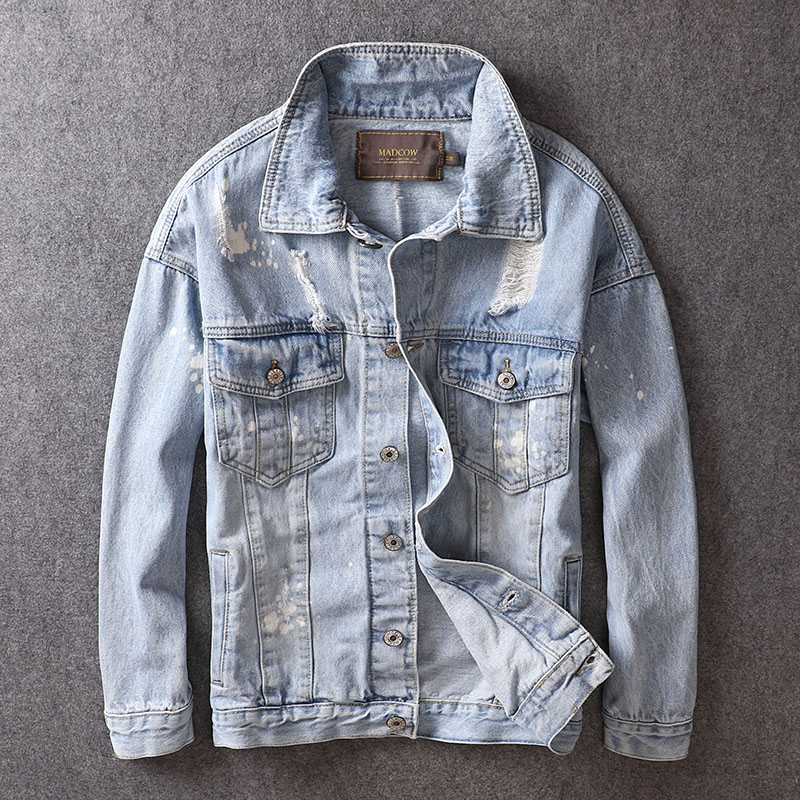 Autumn loose ripped denim jacket men's Korean version of the trend all-match handsome retro old denim jacket clothes