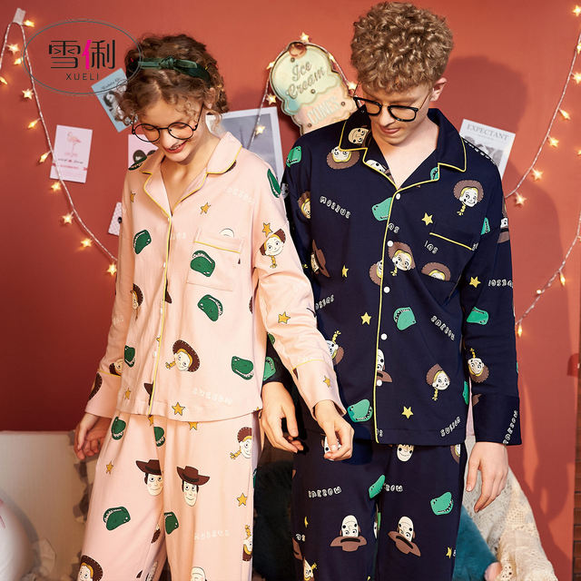 Couple pajamas spring and autumn female cotton long-sleeved cartoon home service male explosion models ins tide net red cute large size suit Couple pajamas spring and autumn female cotton long-sleeved cartoon home service male explosion models ins tide net red cute large size suit
