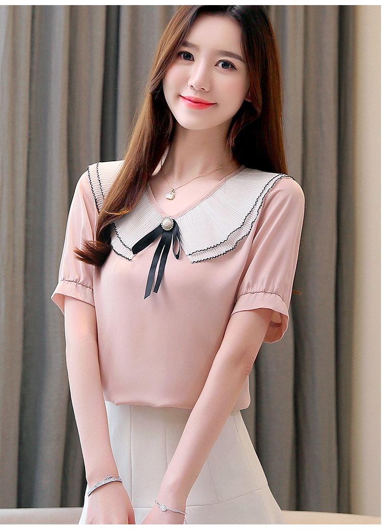 实拍2019新款夏装洋气显瘦娃娃领时尚雪纺衫短袖上衣女