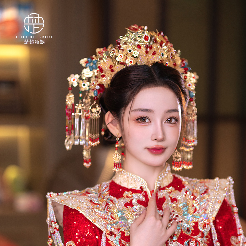 Bride's head decorated with new Chinese gold red extravaganza Canopy Wedding Gown Show and Longfeng Vest Palace Lady Hairdressy-Taobao