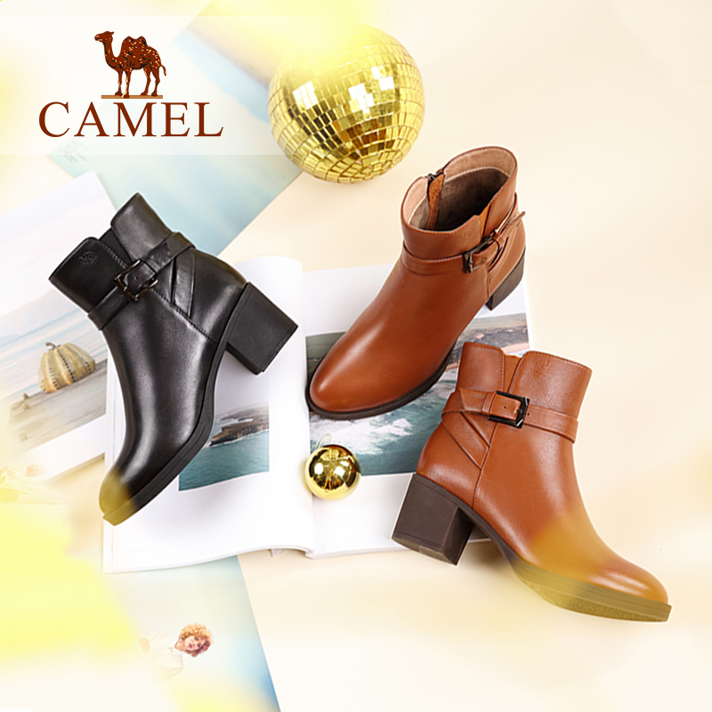 Camel/骆驼女靴 秋冬短靴休闲简约中筒靴舒适女靴粗跟靴产品展示图2