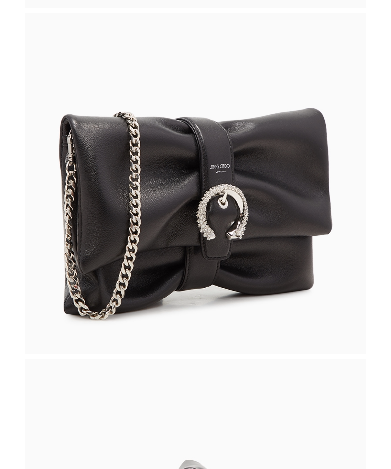 jimmychoo黑色羊皮革褶皱logo女士手拿包链条包