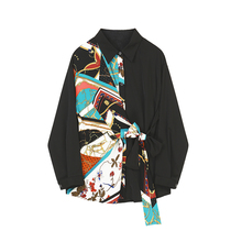 VEGA CHANG shirt female design sense niche 2021 New Spring geometric print strap long sleeve splicing shirt