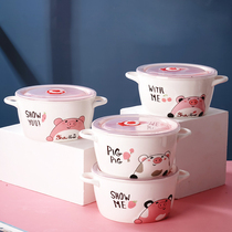 New binaural ceramic large instant noodle bowl Cute cartoon household ramen bowl Dormitory instant noodle tableware bowl with lid